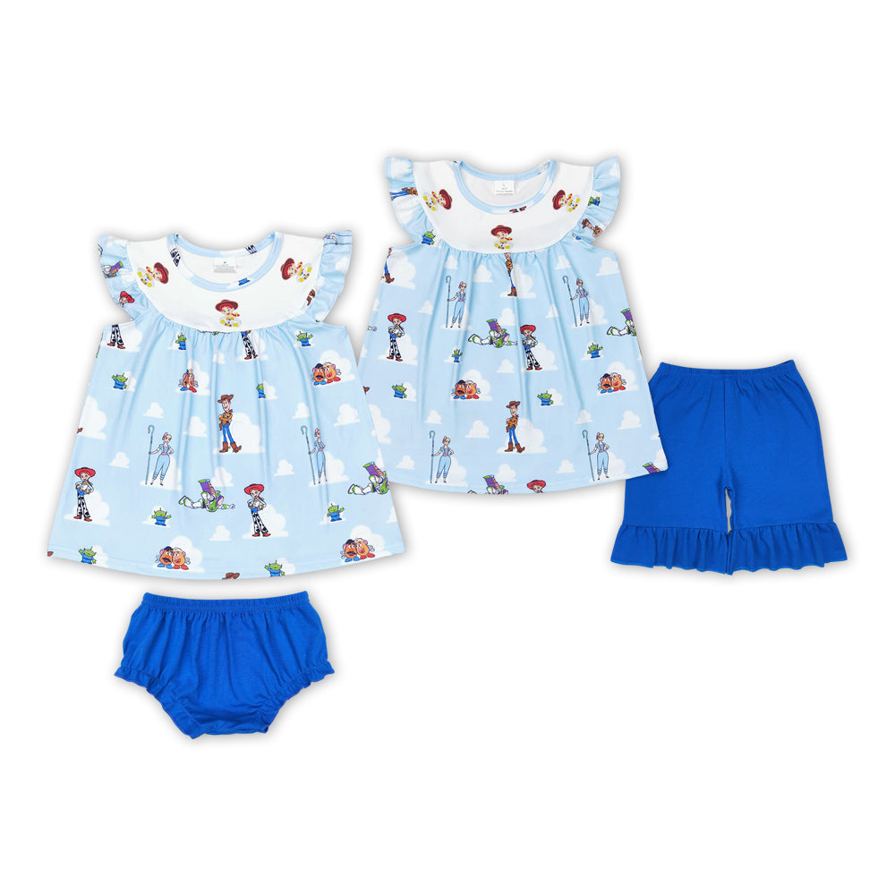 Blue Cartoon Toys Print Sisters Summer Matching Clothes