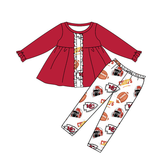 (Custom Design Preorder MOQ 5) Red Tunic Top Team's KC White Pants Girls Fall Clothes Set