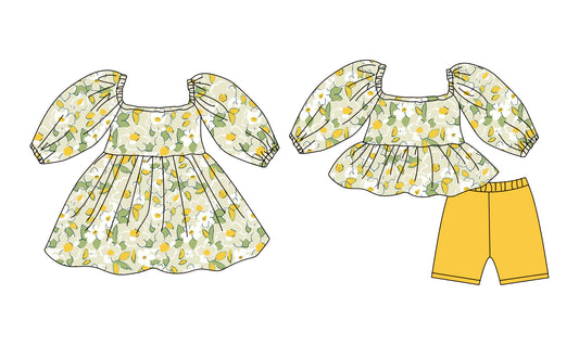 12.8 (Custom Design Preorder MOQ 5 Each Design) Yellow Flowers Print Girls Summer Matching Clothes Sisters Wear