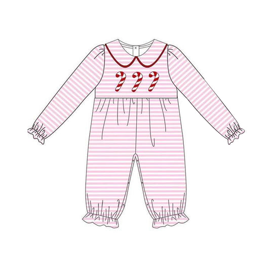 (Custom Design Preorder MOQ 5) Candy Cane Pink Print Baby Girls Christmas Romper