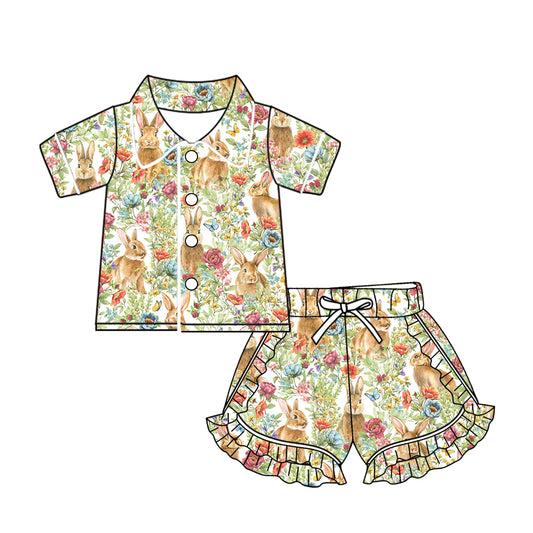 (Custom Design Preorder MOQ 5) Bunny Flowers Print Girls Easter Pajamas Clothes Set