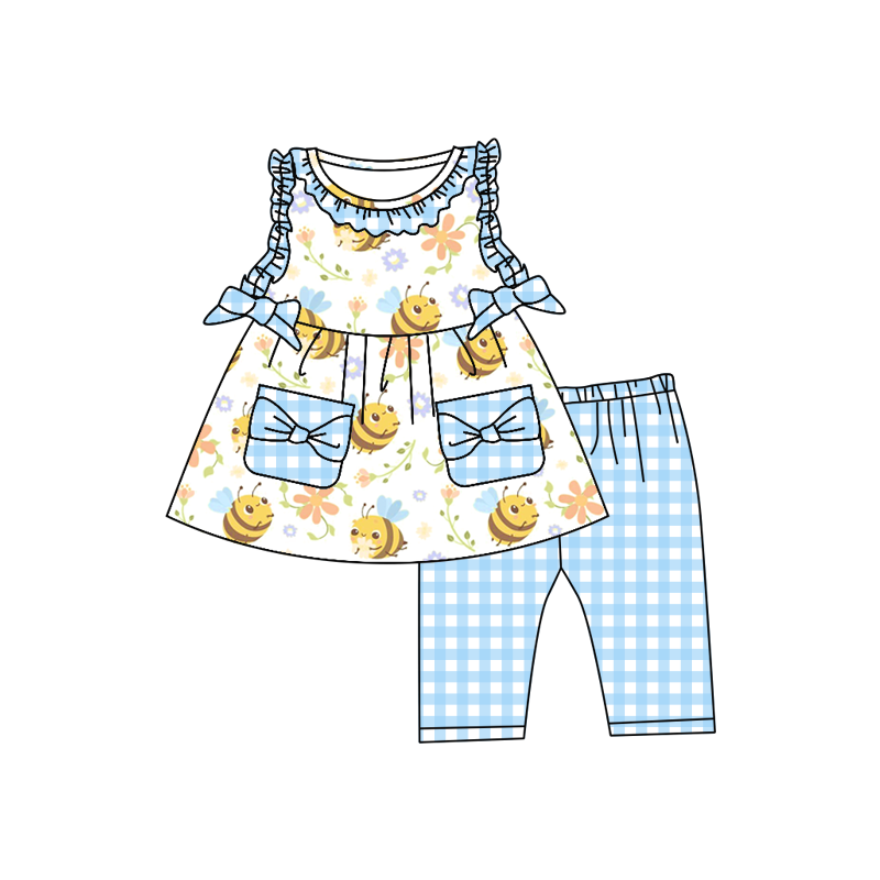 (Custom Design Preorder MOQ 5) Bee Flowers Pockets Tunic Top Plaid Capri Girls Summer Clothes Set