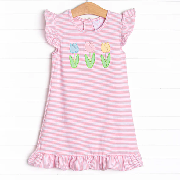(Custom Design Preorder MOQ 5) Flowers Pink Stripes Print Girls Knee Length Summer Dress