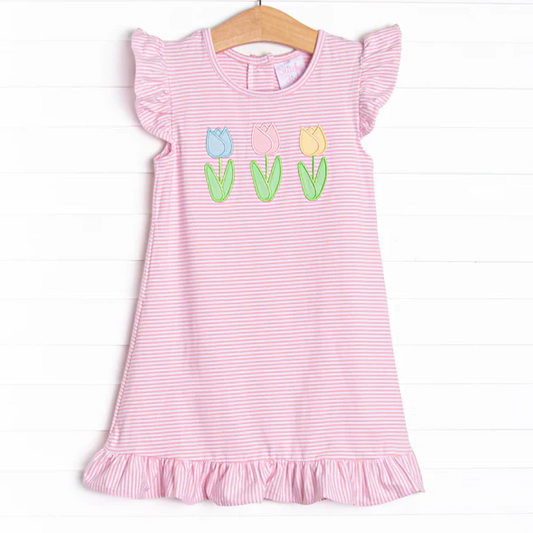 (Custom Design Preorder MOQ 5) Flowers Pink Stripes Print Girls Knee Length Summer Dress