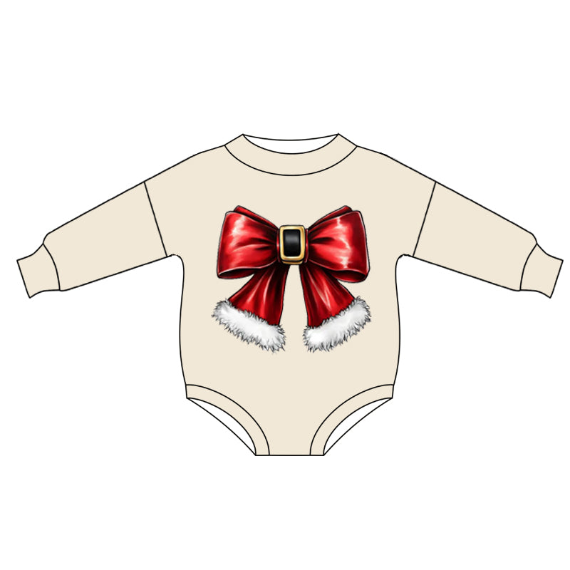 (Custom Design Preorder MOQ 5) Red Bow Print Baby Girls Christmas Romper