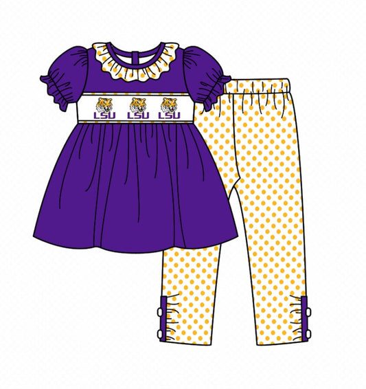 (Custom Design Preorder MOQ 5) Team's LSU Purple Tunic Top Dots Pants Girls Clothes Set