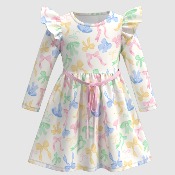 (Custom Design Preorder MOQ 5) Colorful Bows Print Girls Long Sleeve Knee Length Dress