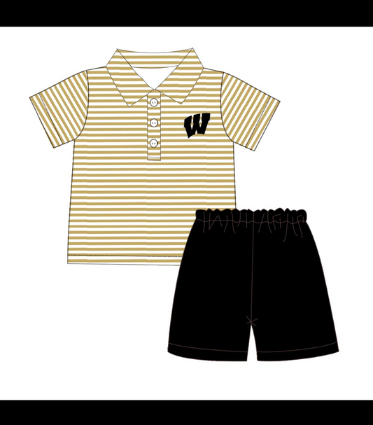 (Custom Design Preorder MOQ 5)  Team's W Print Polo Top Black Shorts Boys Summer Clothes Set