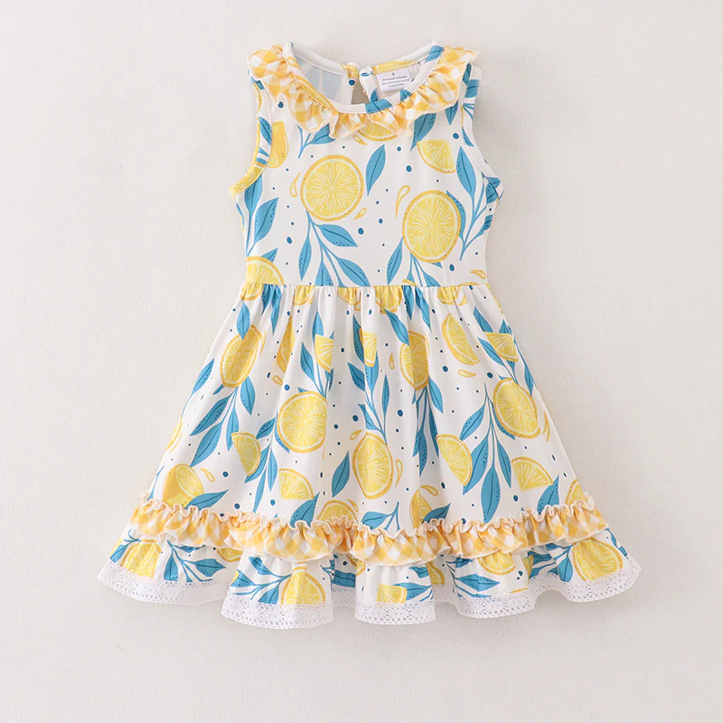 (Custom Design Preorder MOQ 5) Lemon Print Girls Knee Length Summer Dress