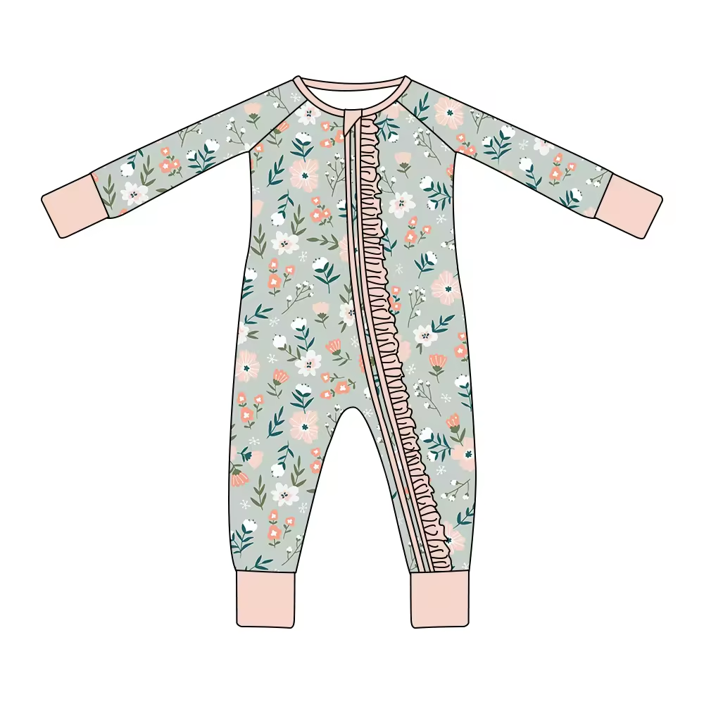 (Custom Design Preorder MOQ 5) Pink Flowers Print Baby Girls Fall Sleeper Zipper Romper