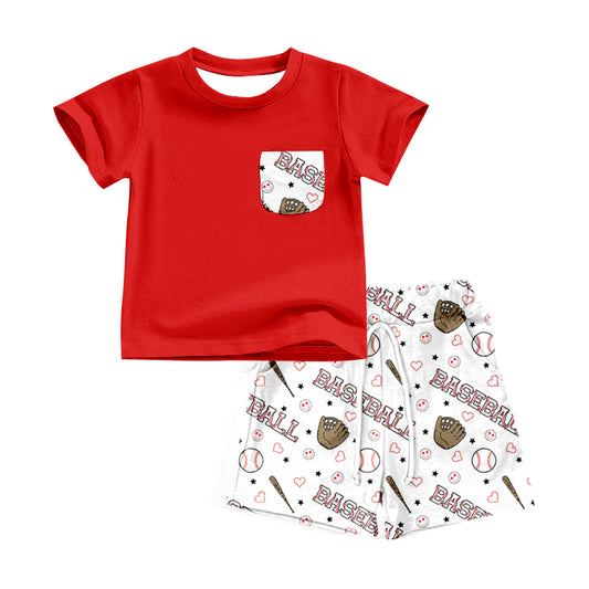 (Custom Design Preorder MOQ 5) Red Pocket Top Baseball Shorts Boys Summer Clothes Set