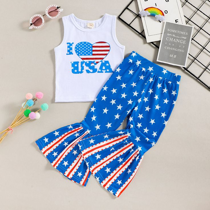 (Custom Design Preorder MOQ 5)  I LOVE USA Top Stars Bell Pants Girls 4th of July Clothes Set