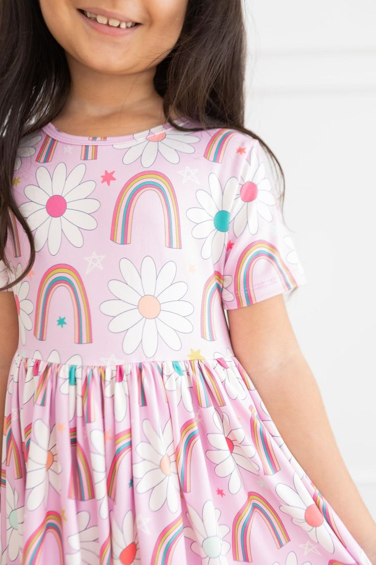 (Custom Design Preorder MOQ 5)  Flowers Rainbow Print Girls Knee Length Summer Dress