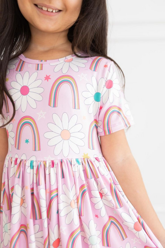 (Custom Design Preorder MOQ 5)  Flowers Rainbow Print Girls Knee Length Summer Dress