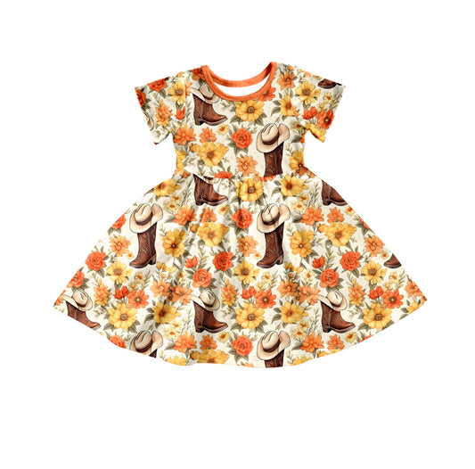 (Custom Design Preorder MOQ 5) Orange Flowers Boots Girls Western Knee Length Dress