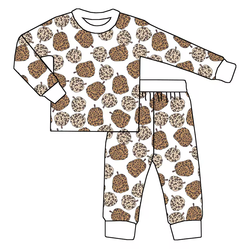 (Custom Design Preorder MOQ 5) Leopard Pumpkin Print Girls Fall Pajamas Clothes Set