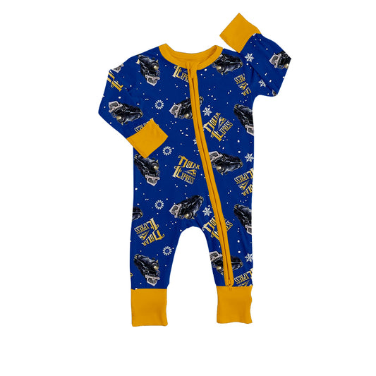 (Custom Design MOQ 5) Dark Blue Polar Train Print Baby Zipper Christmas Romper