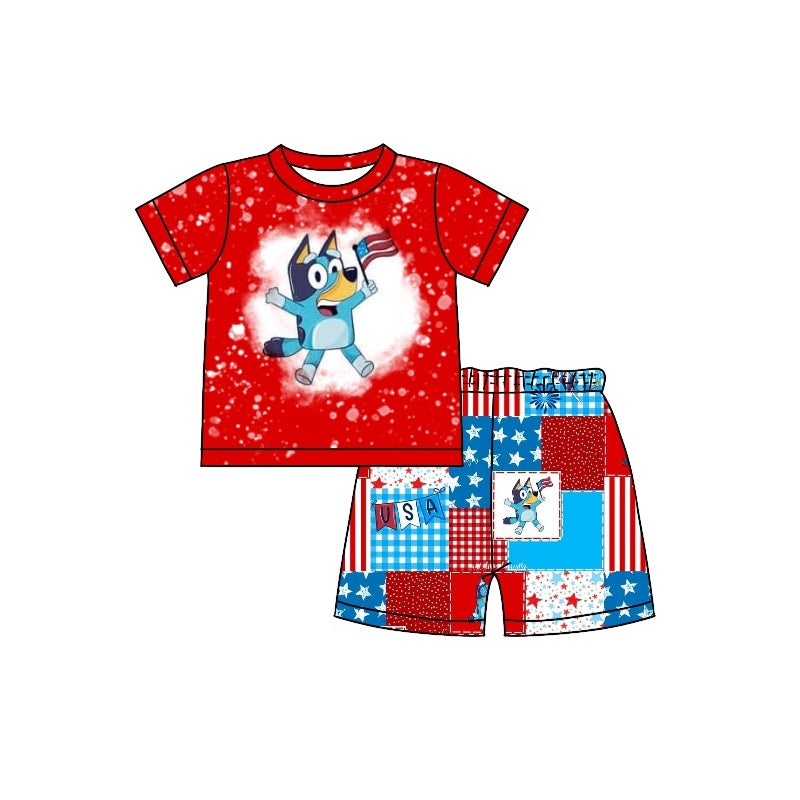 (Custom Design Preorder MOQ 5)  Cartoon Dog Flag Print Baby Boys 4th of July Clothes Set