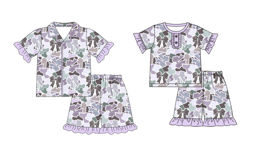 1.8(Custom Design Preorder MOQ 5 Each Design) Bows Camo Purple Print Girls Summer Pajamas Matching Clothes Sisters Wear