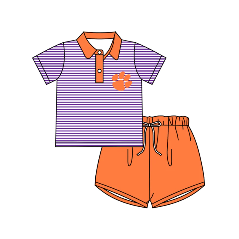 (Custom Design Preorder MOQ 5)  Team's Orange Paw Print Polo Top Shorts Boys Summer Clothes Set