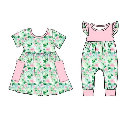 12.9 (Custom Design Preorder MOQ 5 Each Design) Leaf Pink Flowers Print Girls St. Patrick's Day Matching Clothes Sisters Wear