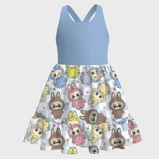 (Custom Design Preorder MOQ 5) Cartoon Animals Blue Print Girls Summer Knee Length Dress