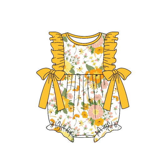 (Custom Design Preorder MOQ 5) Yellow Flowers Print Baby Girls Summer Romper