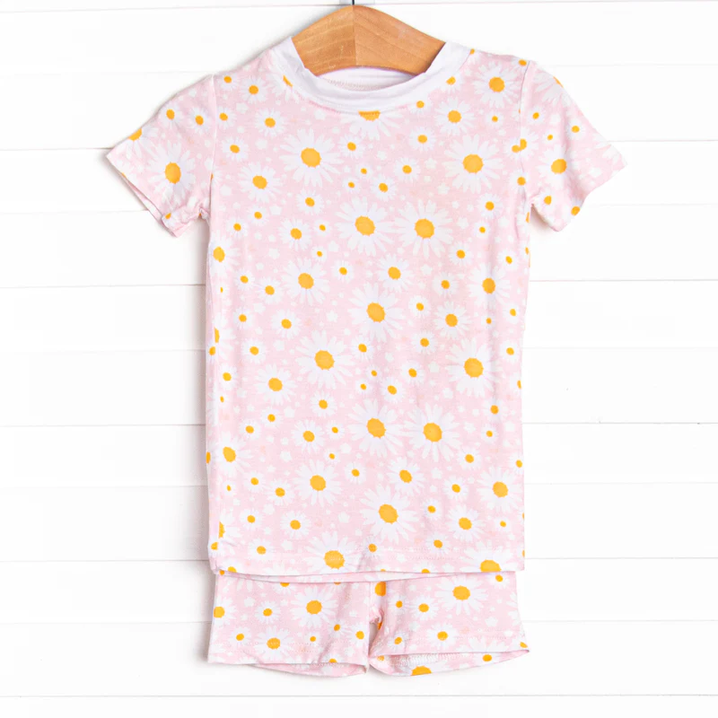 (Custom Design Preorder MOQ 5)  Daisy Print Girls Summer Pajamas Clothes Set