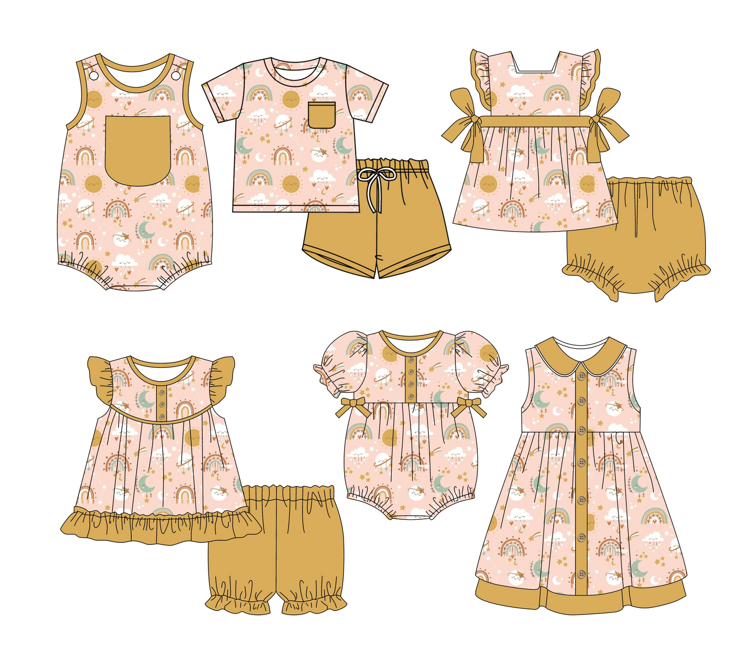 3.3(Custom Design Preorder MOQ 5 Each Design) Rainbow Mustard Print Kids Summer Matching Clothes Sibling Wear