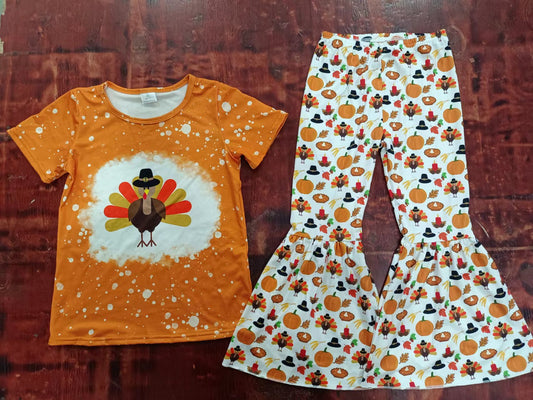 (Custom Design Preorder MOQ 5)  Turkey Pumpkin Bell Pants Girls Thanksgiving Clothes Set