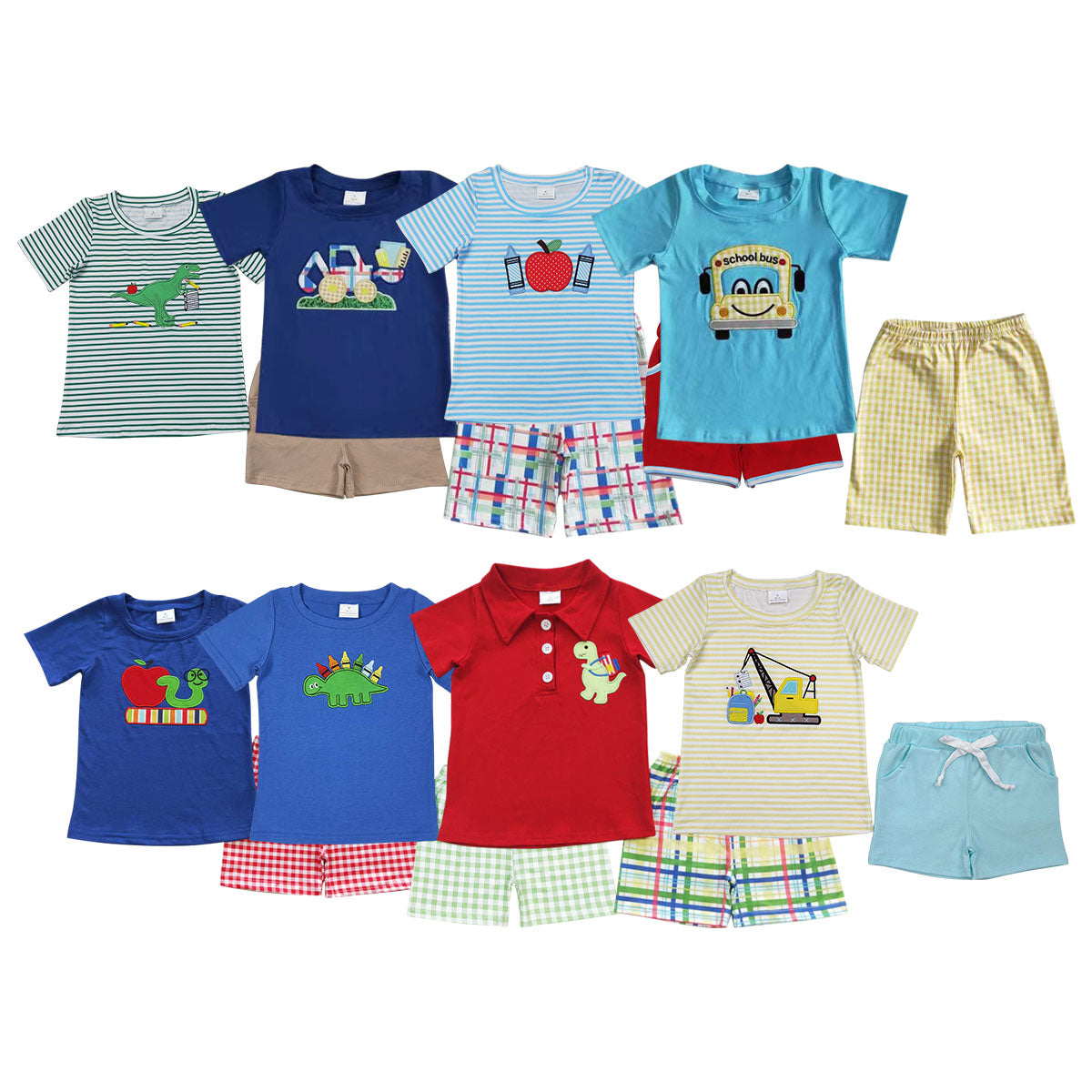 8 Design Embroidery Boys Back to School Summer Outfits Brothers Wear