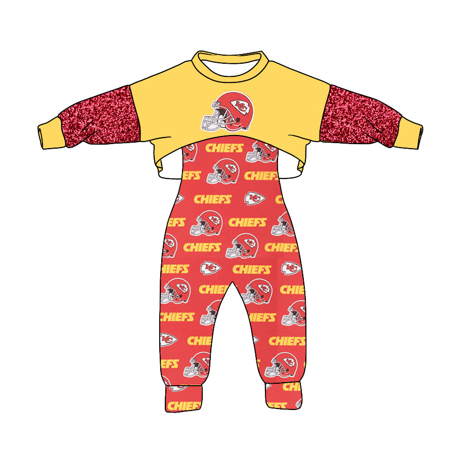 (Custom Design Preorder MOQ 5) Yellow Top Team's KC Red Jumpsuits Girls Fall Clothes Set