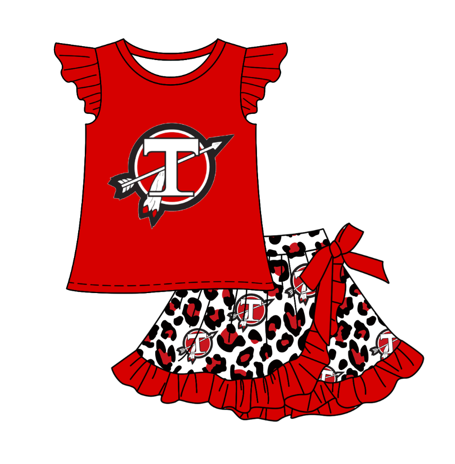 (Custom Design Preorder MOQ 5) Team's T Red Leopard Print Skirts Shorts Girls Summer Clothes Set