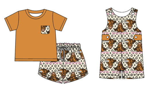 4.15(Custom Design Preorder MOQ 5 Each Design) Highland Cow Aztec Print Boys Summer Matching Clothes Brothers Wear