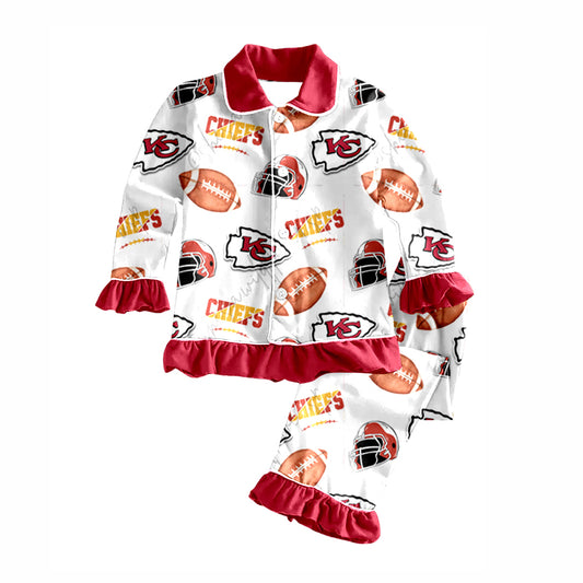 (Custom Design Preorder MOQ 5) Team's KC White Print Girls Fall Buttons Pajamas Clothes Set