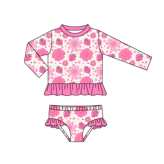(Custom Design Preorder MOQ 5) Strawberry Flowers Print Girls 2 Pieces Long Sleeve Swimsuits