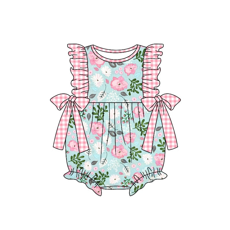 (Custom Design Preorder MOQ 5) Pink Flowers Print Baby Girls Summer Romper