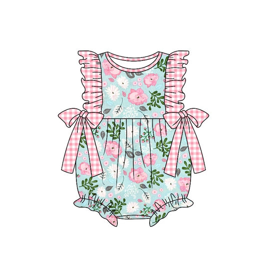 (Custom Design Preorder MOQ 5) Pink Flowers Print Baby Girls Summer Romper