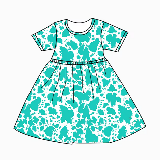 (Custom Design Preorder MOQ 5) Aqua Cowhide Print Girls Knee Length Summer Dress