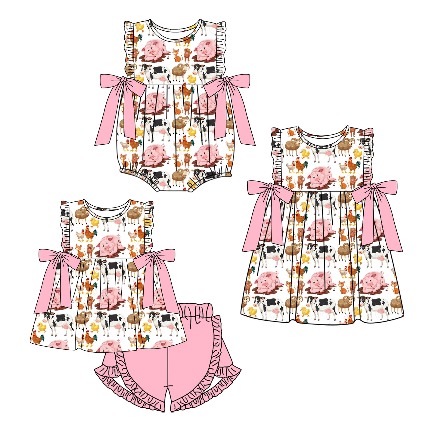 1.4(Custom Design Preorder MOQ 5 Each Design) Farm Animals Print Girls Summer Matching Clothes Sisters Wear