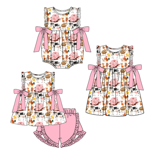 1.4(Custom Design Preorder MOQ 5 Each Design) Farm Animals Print Girls Summer Matching Clothes Sisters Wear