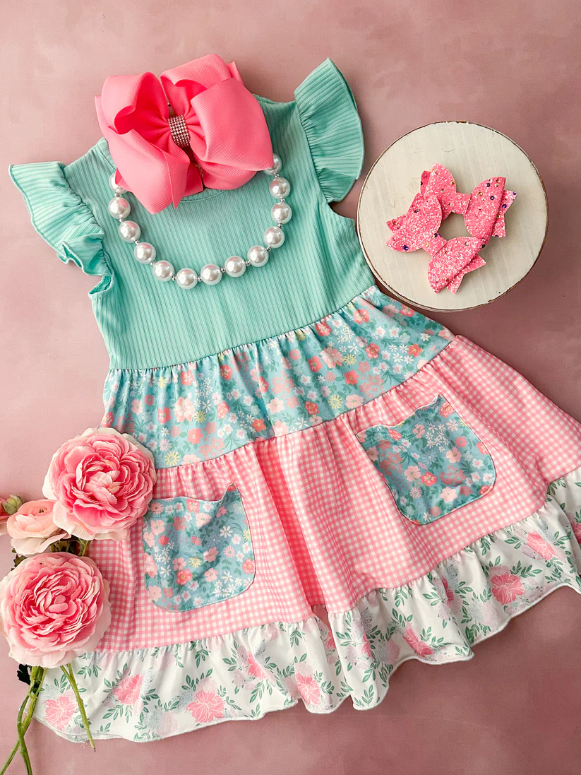 (Custom Design Preorder MOQ 5) Flowers Plaid Print Pockets Girls Knee Length Dress