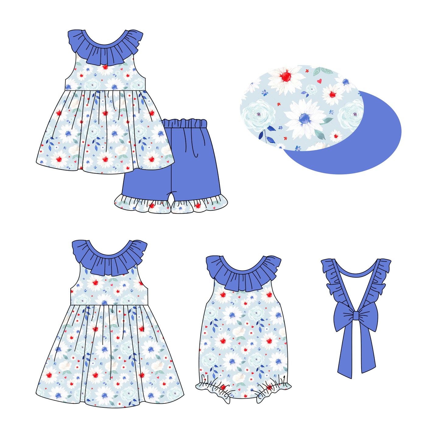 2.20(Custom Design Preorder MOQ 5 Each Design)  Red Blue Flowers Print Girls 4th of July Matching Clothes Sisters Wear
