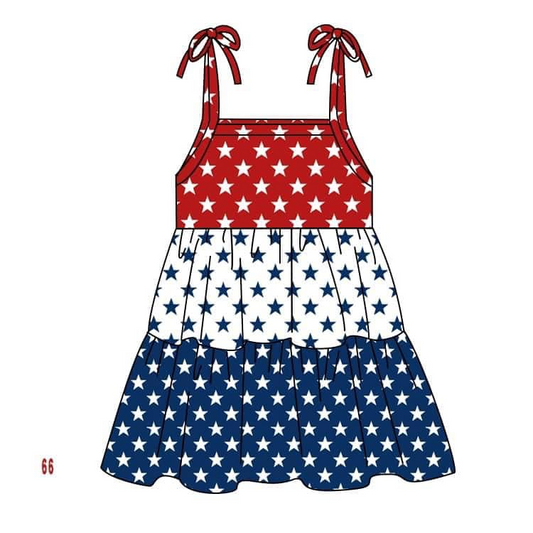 (Custom Design Preorder MOQ 5) Stars Print Girls Knee Length 4th of July Strap Dress