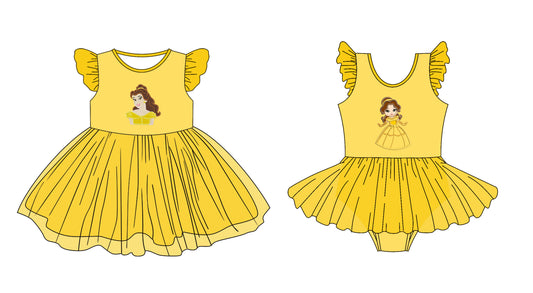 3.11(Custom Design Preorder MOQ 5 Each Design) Cartoon Princess Yellow Print Girls Summer Tulle Matching Clothes Sisters Wear
