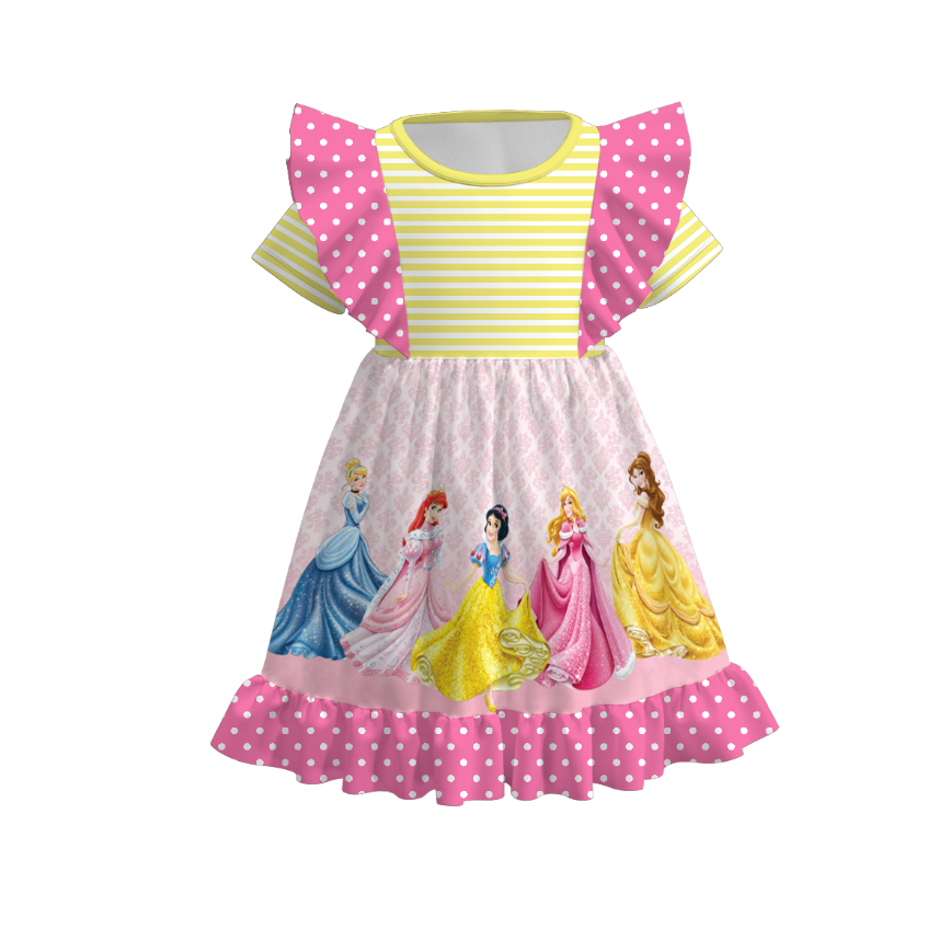 (Custom Design Preorder MOQ 5) Cartoon Princess Girl Print Girls Knee Length Dress