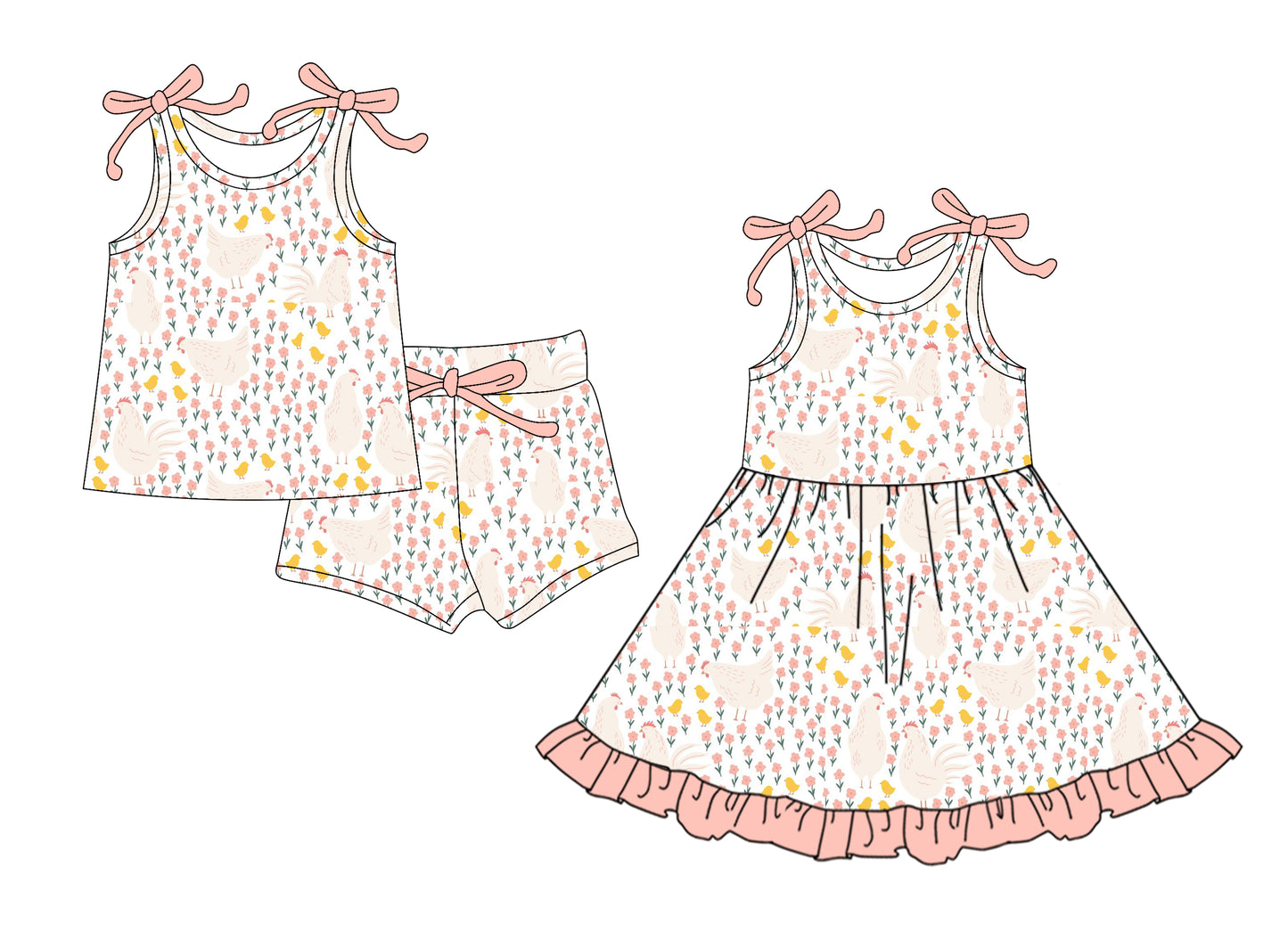 5.23(Custom Design Preorder MOQ 5 Each Design) Chicken Flowers Print Girls Summer Matching Clothes Sisters Wear
