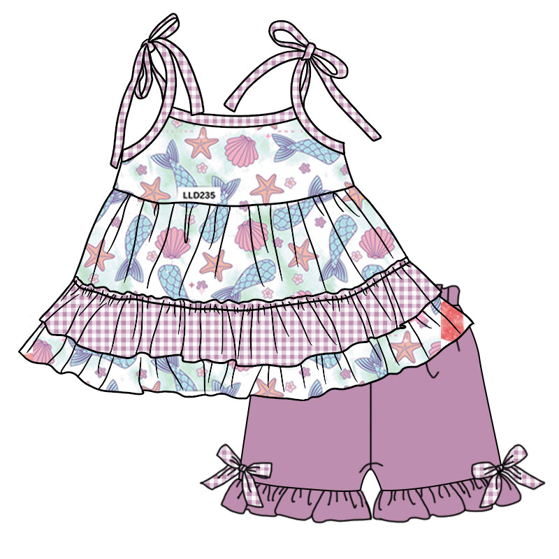 12.13(Custom Design Preorder MOQ 5) Mermaid Purple Print Girls Summer Clothes Set