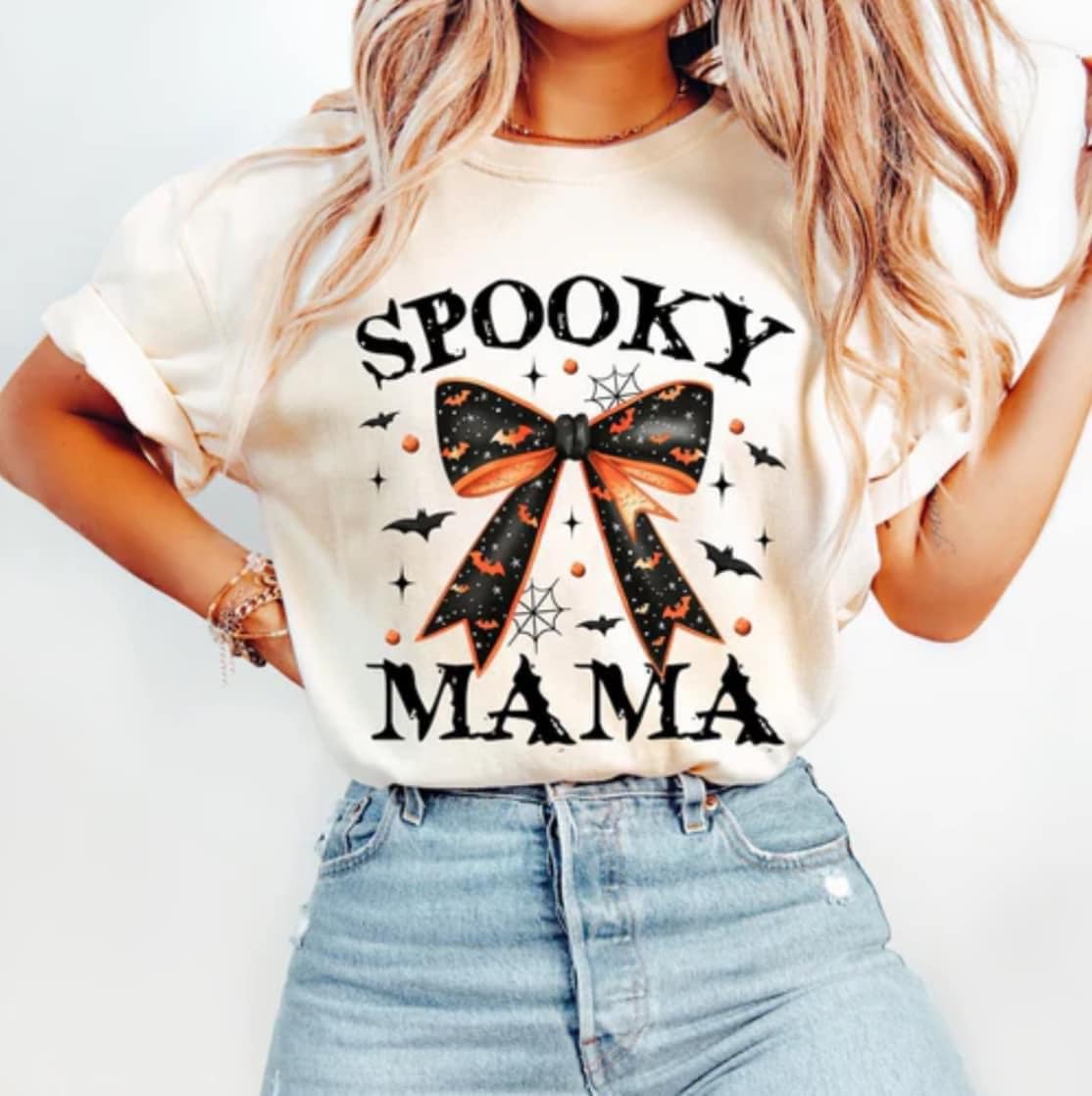 (Custom Design Preorder MOQ 5)  Spooky MAMA Bows Print Adult Hoween Tee Shirts Top