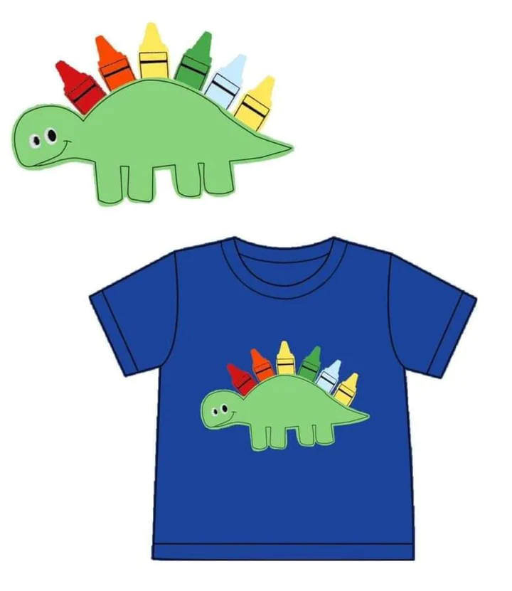 (Custom Design Preorder MOQ 5) Blue Dino Pen Print Boys Back to School Tee Shirts Top